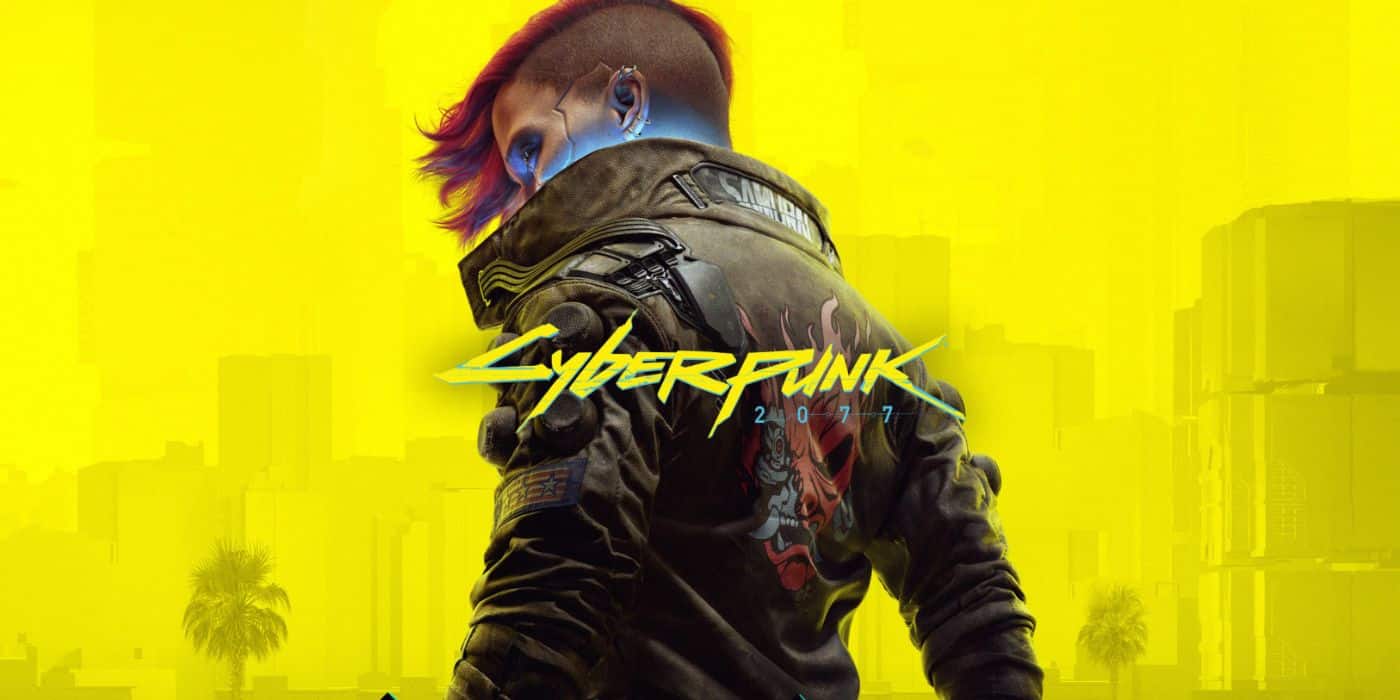 Ilustración promocional de Cyberpunk 2077 que muestra a V de espaldas sobre un fondo amarillo neón.