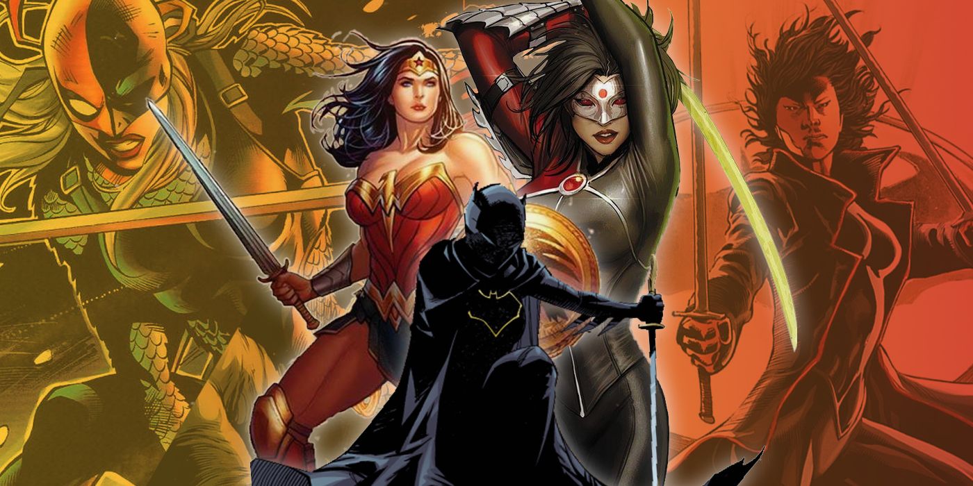 Collage de Batgirl Wonder Woman, Katana, Lady Shiva y Ravager de DC Comics con espadas