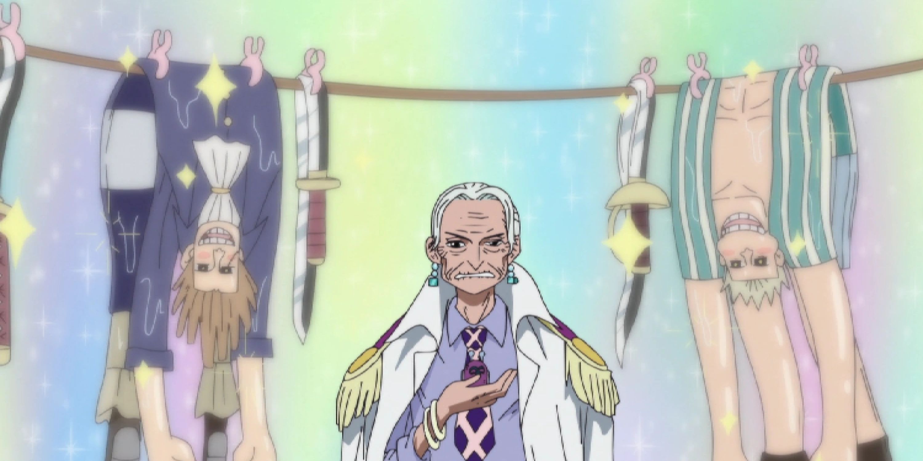 El vicealmirante Tsuru usa sus poderes Wash Wash en One Piece.