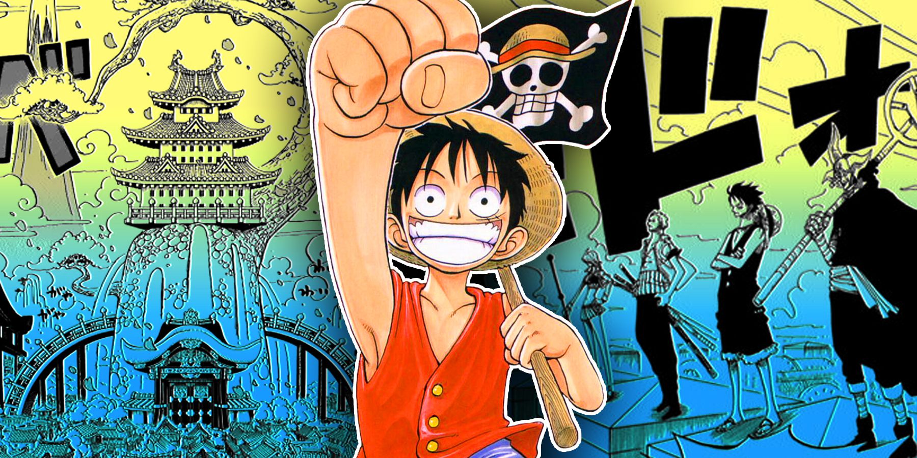 La tierra de Wano, Monkey D. Luffy y los Piratas de Sombrero de Paja en Enies Lobby como se muestra en el manga One Piece.