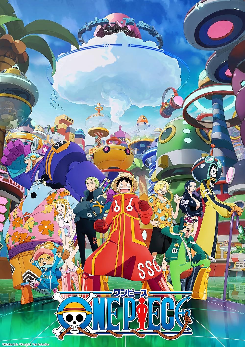 Luffy, Zoro, Nami, Usopp, Sanji, Robin, Chopper, Brook, Franky y Jimbei en el póster del arco de One Piece Egg-Head