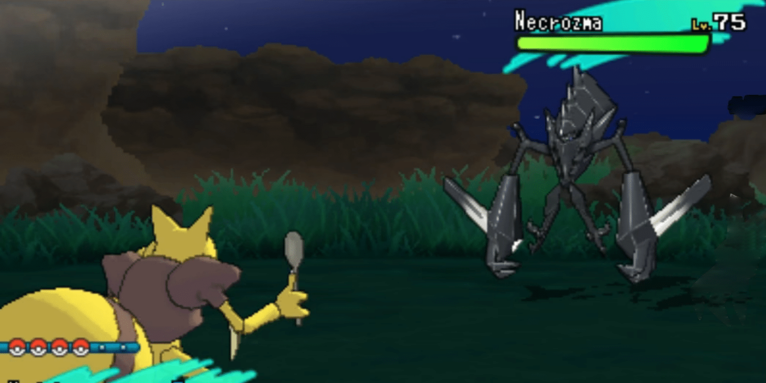 Un Kadabra lucha contra Necrozma en Pokémon Sol y Luna.