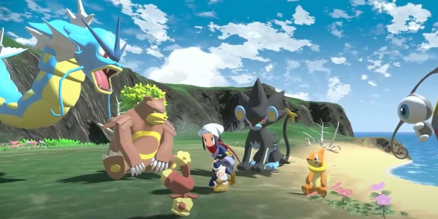 El personaje del jugador estaba agachado junto a su equipo de Pokémon en Legends: Arceus.