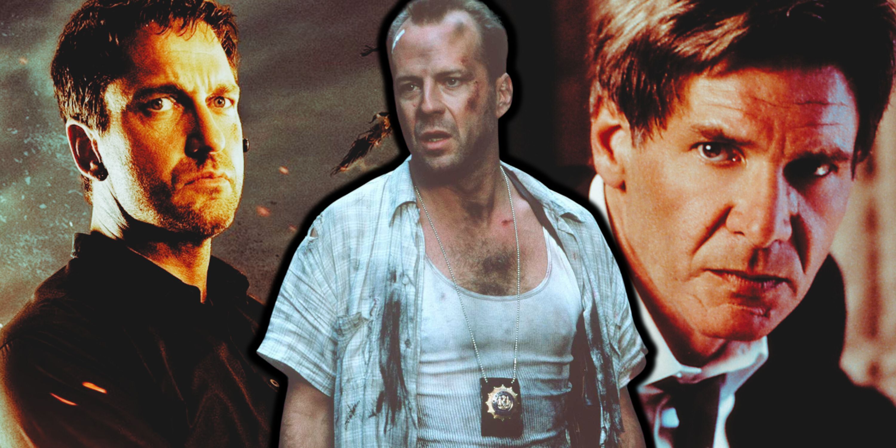 Imagen compuesta Gerard Butler Olympus Has Fallen, Bruce Willis como John McClane, Harrison Ford Air Force One