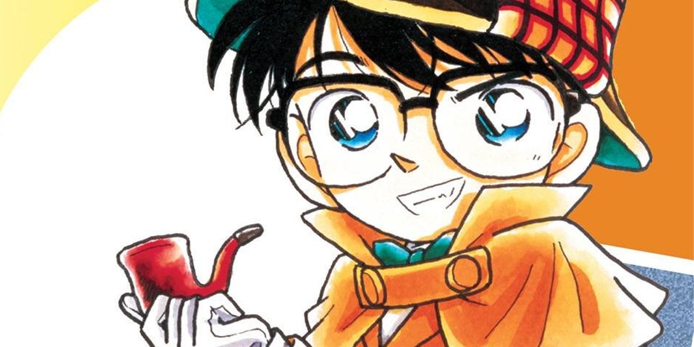 El detective Conan está vestido como Sherlock Holmes y sosteniendo una pipa en la portada de un manga.