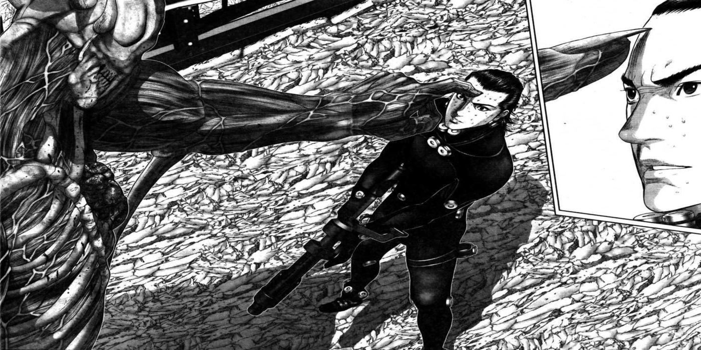 Un extracto de la serie manga Gantz muestra a un monstruo tocando la frente de un hombre.