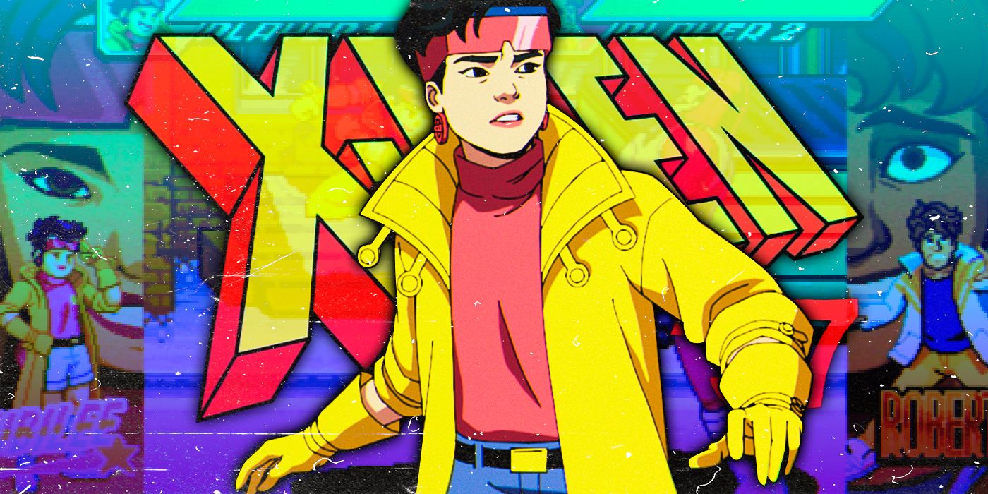 Jubilee (con la voz de Holly Chou) con chaqueta amarilla y top rosa frente al logo de X-Men 97