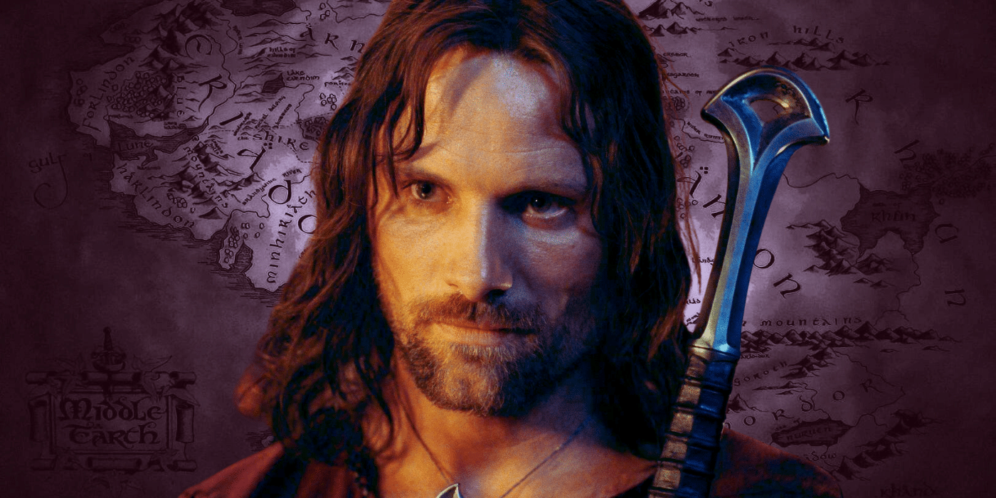 Aragorn sosteniendo la espada de Isildur con la Tierra Media al fondo de El Señor de los Anillos.
