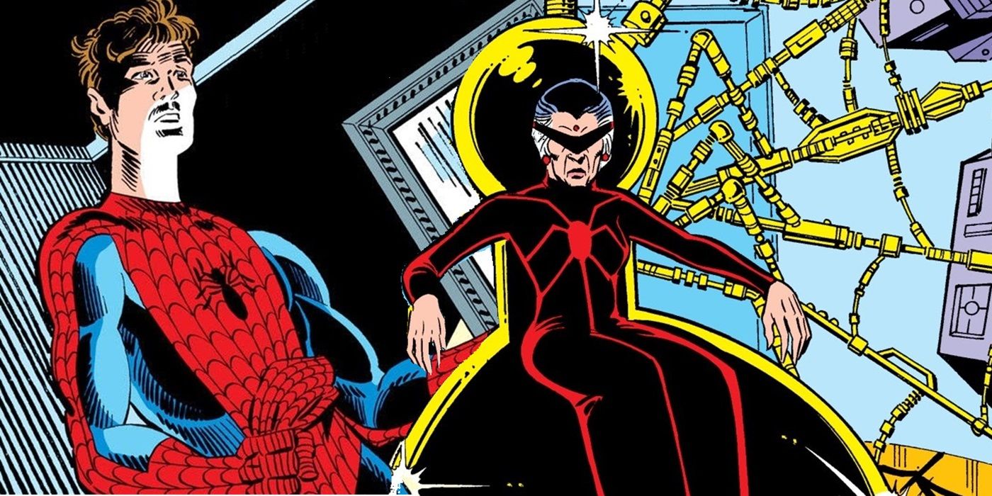 Un collage muestra a Spider-Man sin su máscara y a Madame Web en su silla de supervivencia.