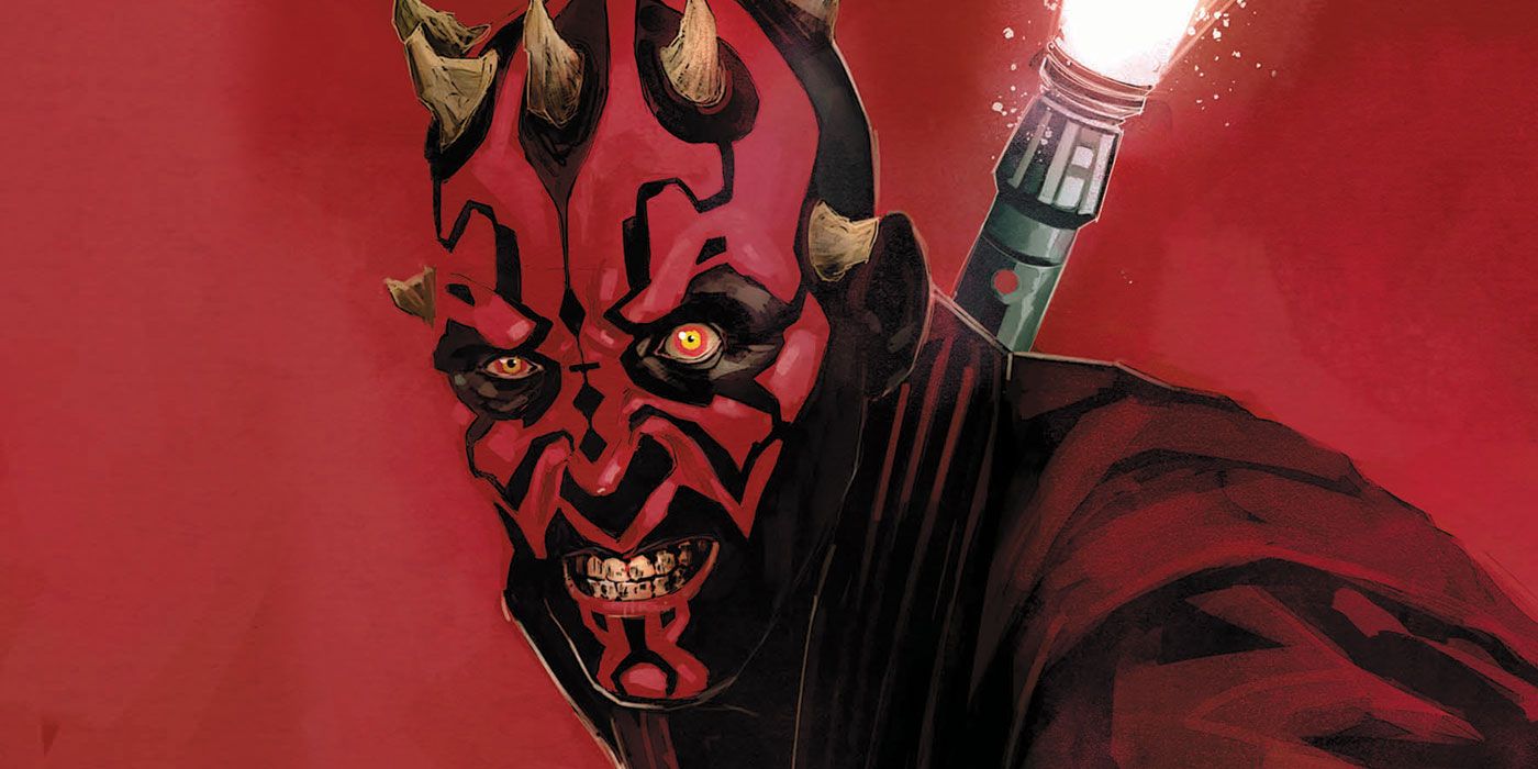 Darth Maul blande su sable láser rojo y hace muecas en la portada de su cómic Marvel.