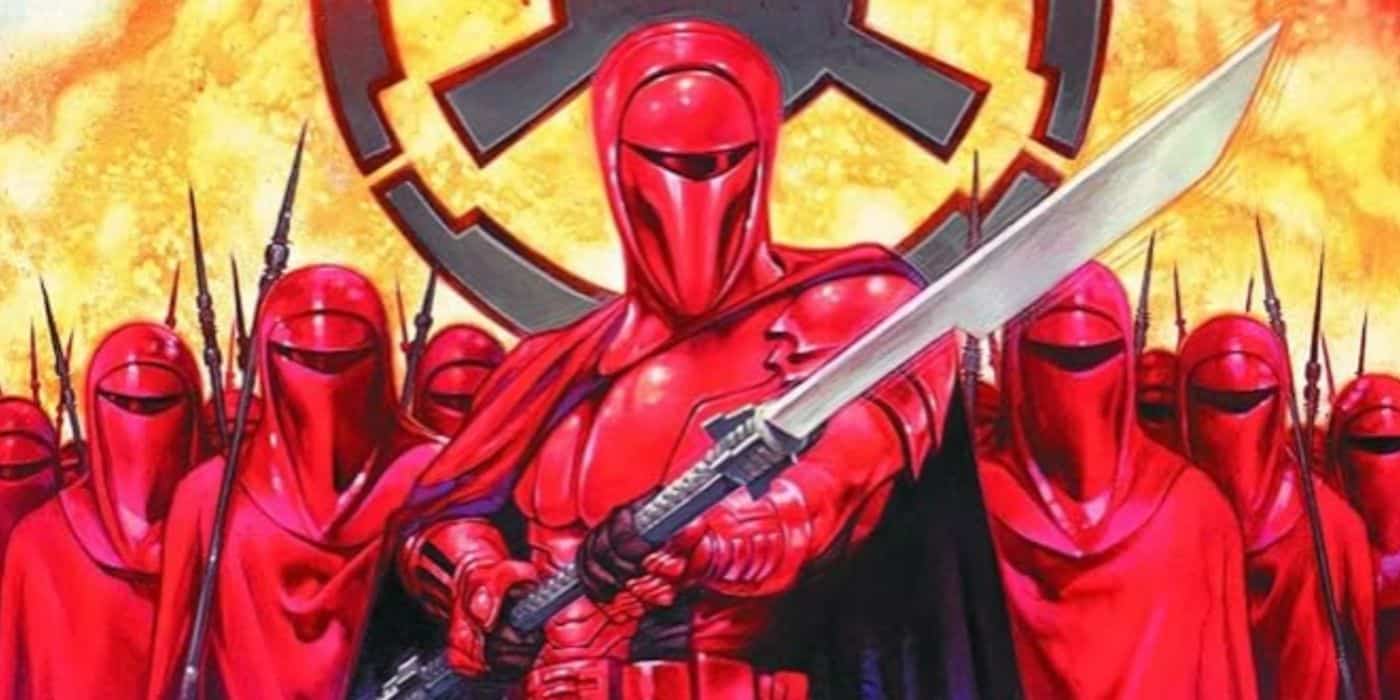 Kir Kanos con un arma en la mano con la Guardia Real Imperial detrás de él en Star Wars: Crimson Empire.