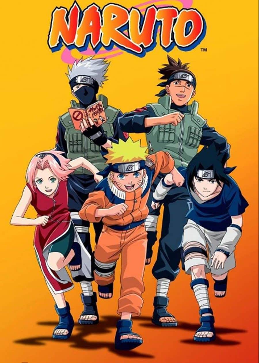 Sakura, Naruto, Sasuke, Kakashi sensei e Iruka sensei posando en la portada de Naruto Anime