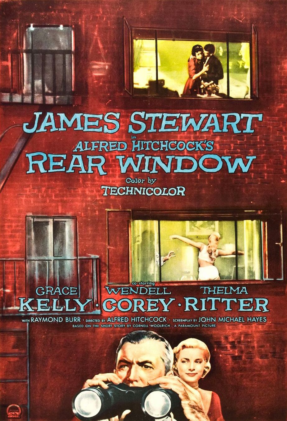 Un hombre sosteniendo binoculares en el cartel de la película La ventana trasera