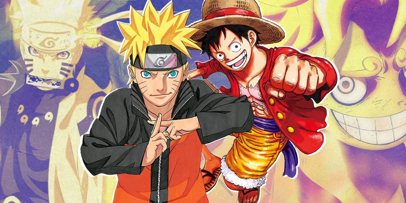 Versiones manga de Luffy y Naruto de One Piece uno al lado del otro en poses de batalla