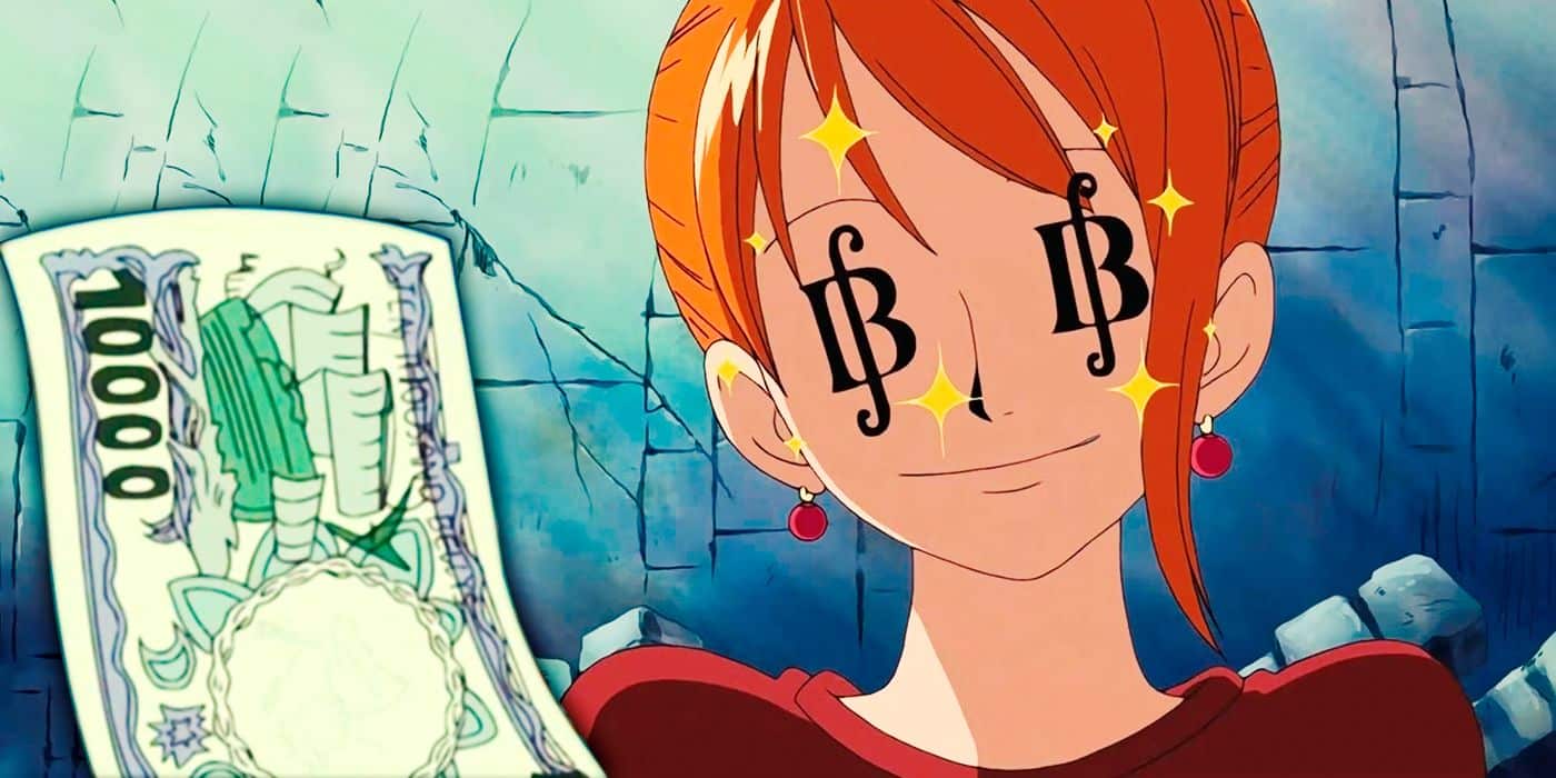 Los ojos de Nami se iluminan con el símbolo de Berry en el anime One Piece.