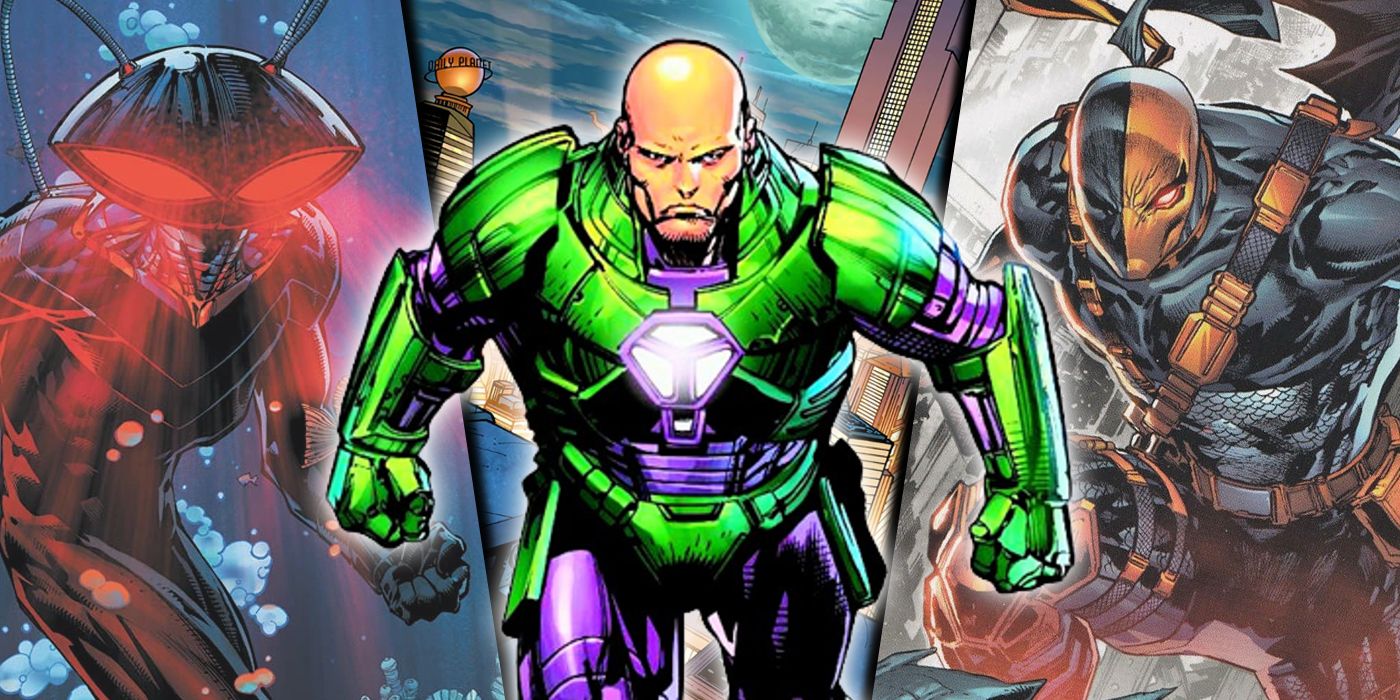 Imagen dividida de Lex Luthor, Black Manta y DeathStroke de DC Comics