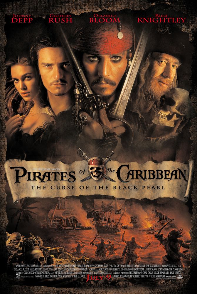Johnny Depp, Geoffrey Rush, Orlando Bloom y Keira Knightley en Piratas del Caribe: La maldición de la Perla Negra (2003)