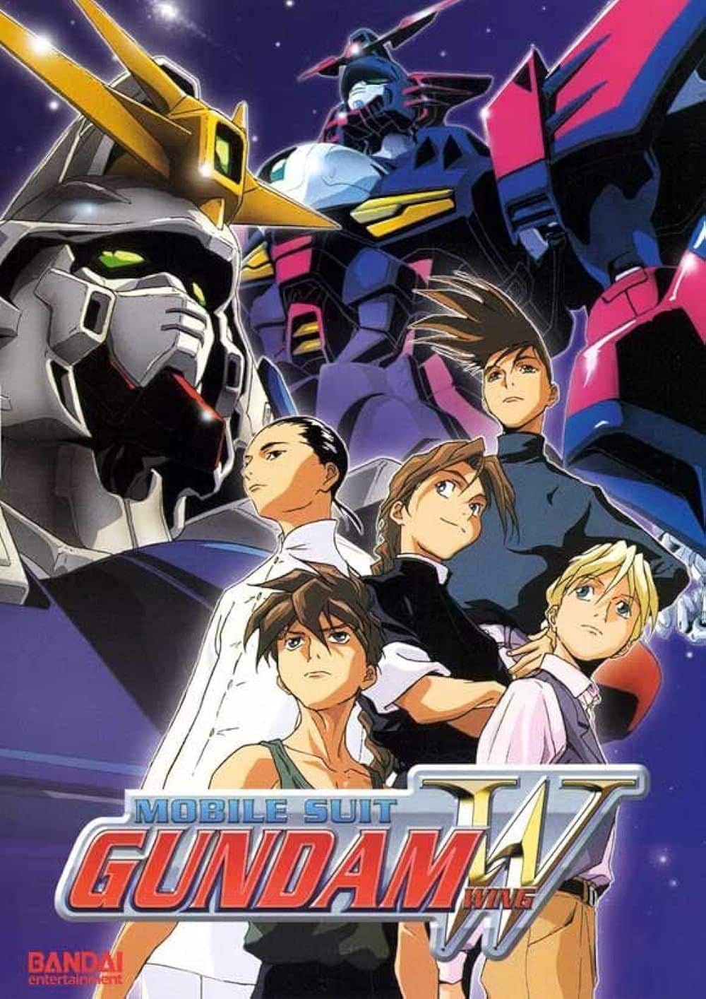 Los personajes principales de Mobile Suit Gundam Wing contra robots mechas en el cartel de la serie