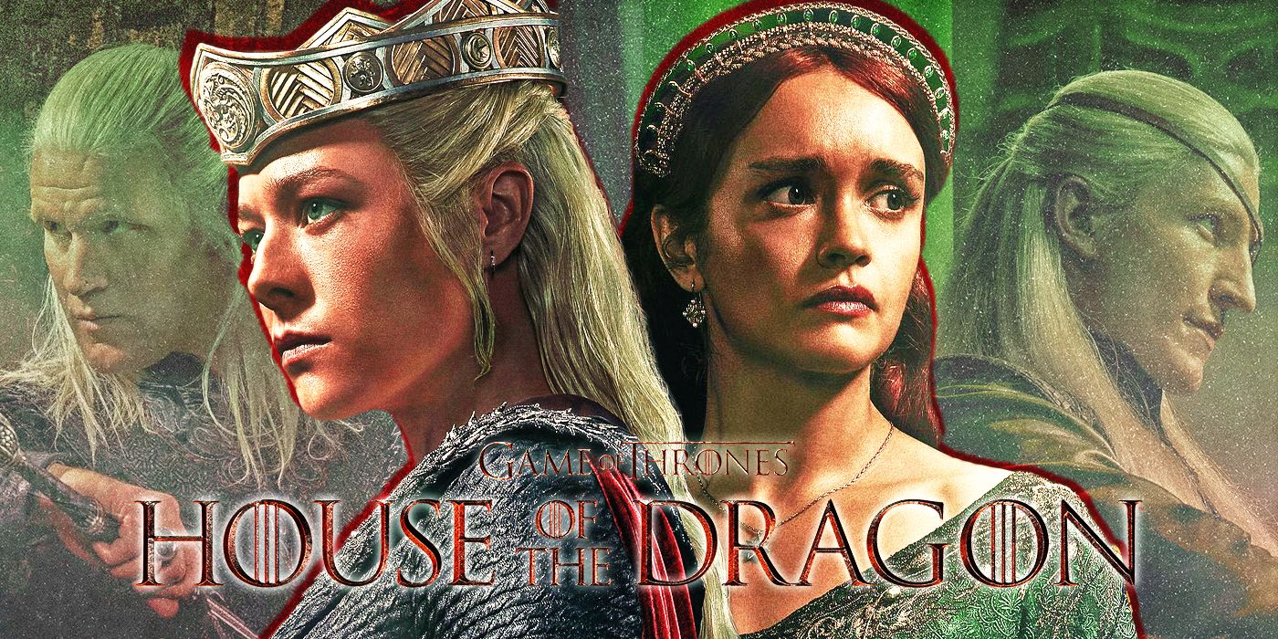 Una imagen dividida muestra a Daemon Targaryen (Matt Smith), Rhaenyra Targaryen (Emma D'Arcy), Alicent Hightower (Olivia Cooke) y Aemond Targaryen (Ewan Mitchell) de House of the Dragon.