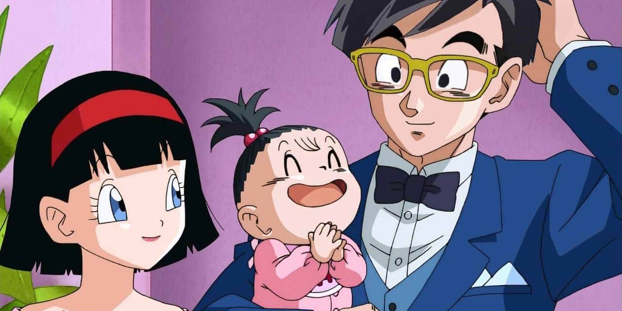 Anime Gohan con su esposa, Videl, y su hija, Pan, en Dragon Ball Super.