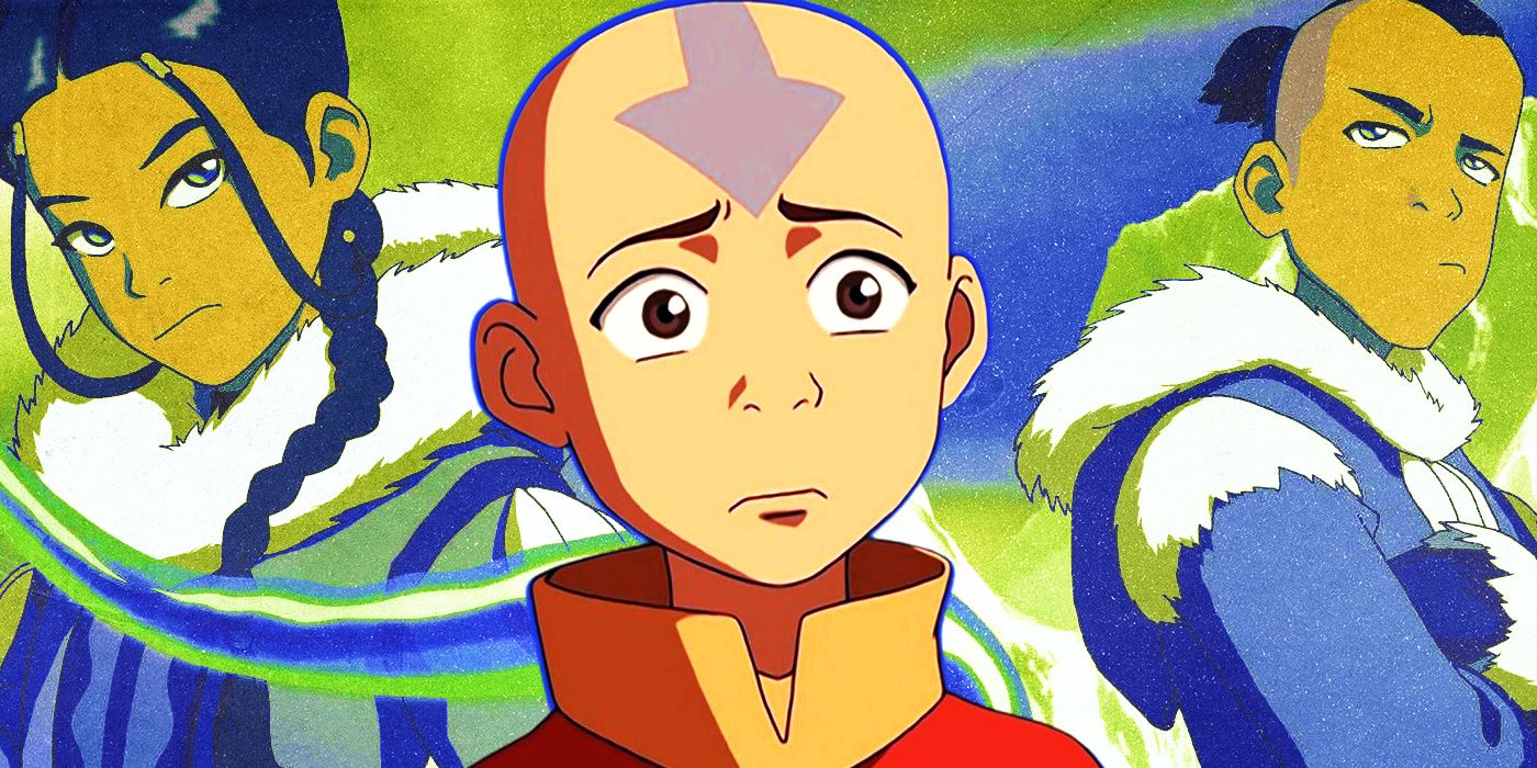 Aang de Avatar: The Last Airbender luce triste junto a Katara y Sokka