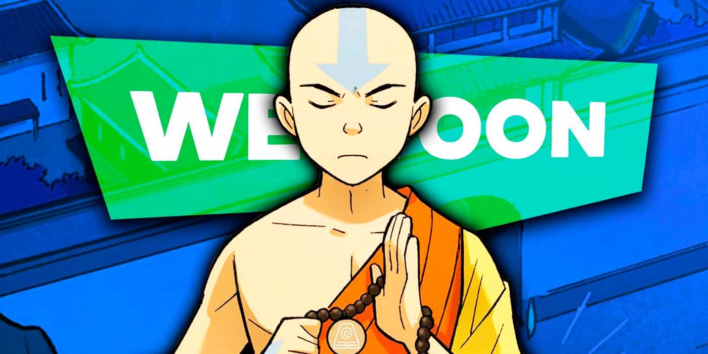 Aang meditando de Avatar: The Last Airbender con el logo del Webtoon detrás