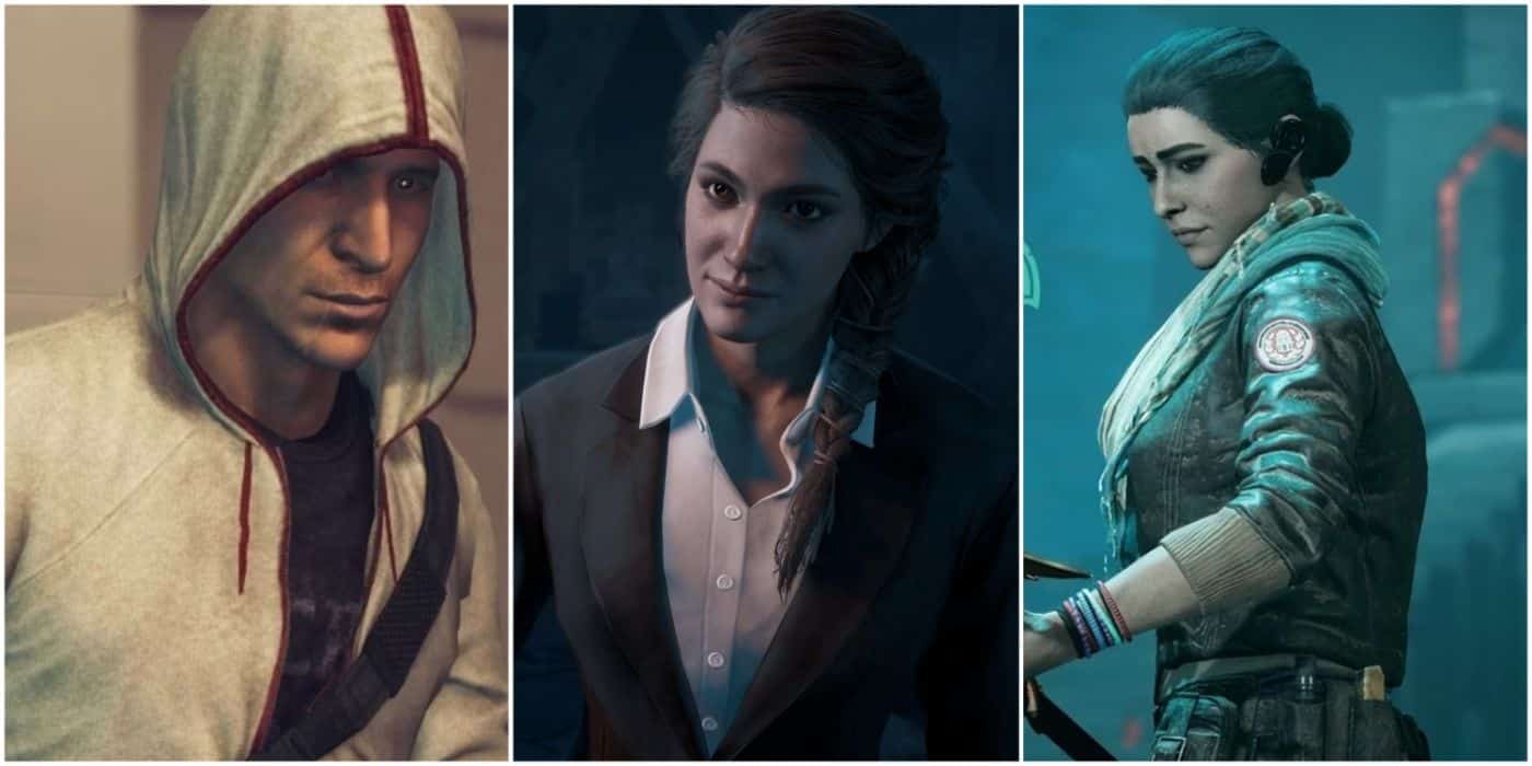 Una imagen dividida que muestra a Desmond Miles, Kassandra y Layla Hassan en Assassin's Creed