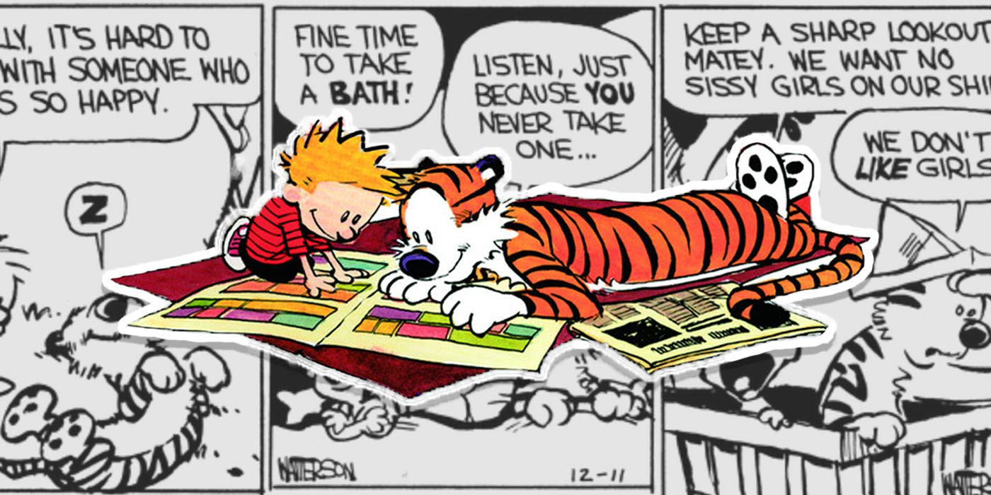 Calvin y Hobbes leyendo cómics con el telón de fondo de historietas