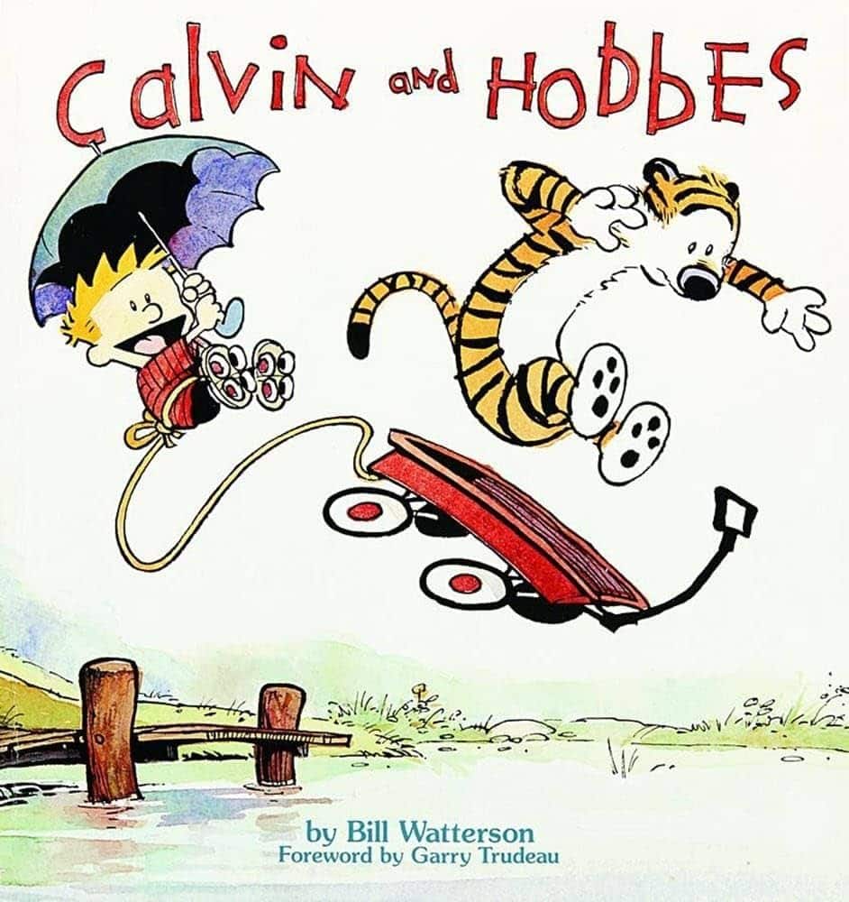 Calvin en patines y Hobbes en un carro vuelan desde un muelle hacia un lago en Calvin y Hobbes