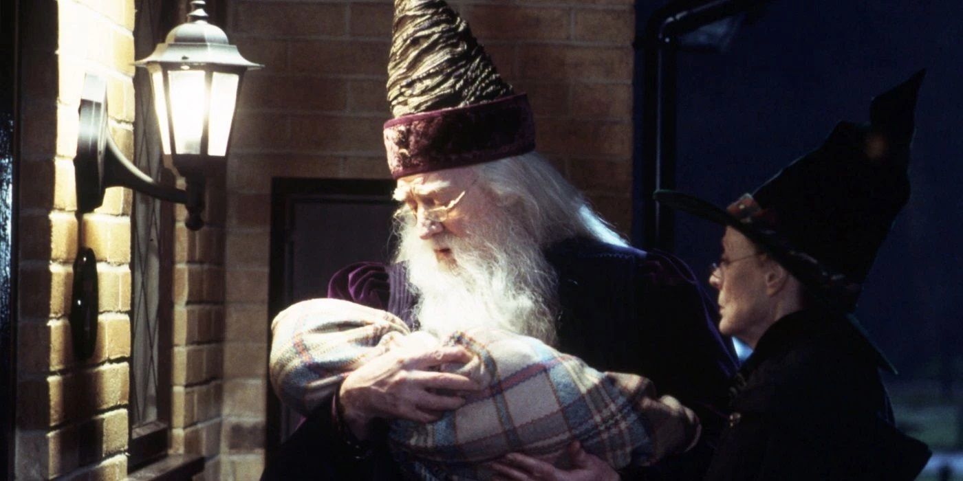 Dumbledore y McGonagall colocan a Harry en la puerta de los Dursley en Harry Potter y la piedra filosofal.
