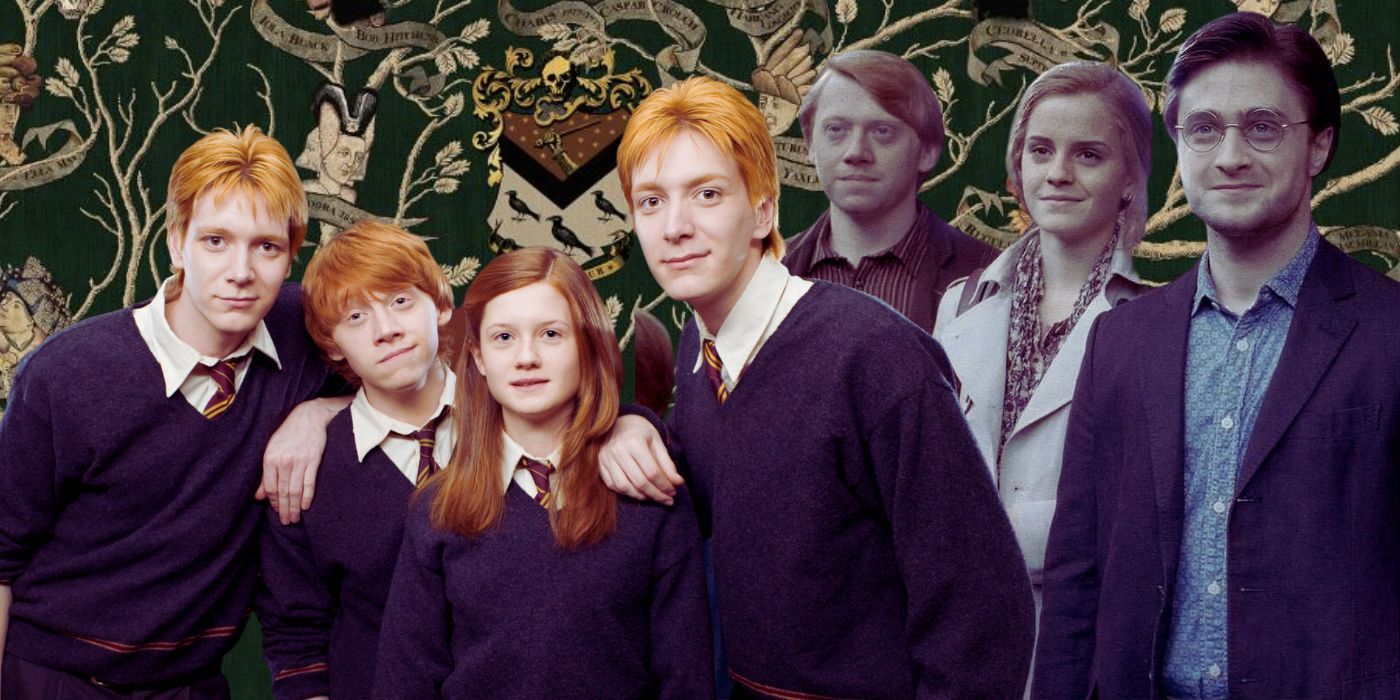 Collage de los Weasley, Harry, Ron y Hermione, y el árbol genealógico de los Black en Harry Potter