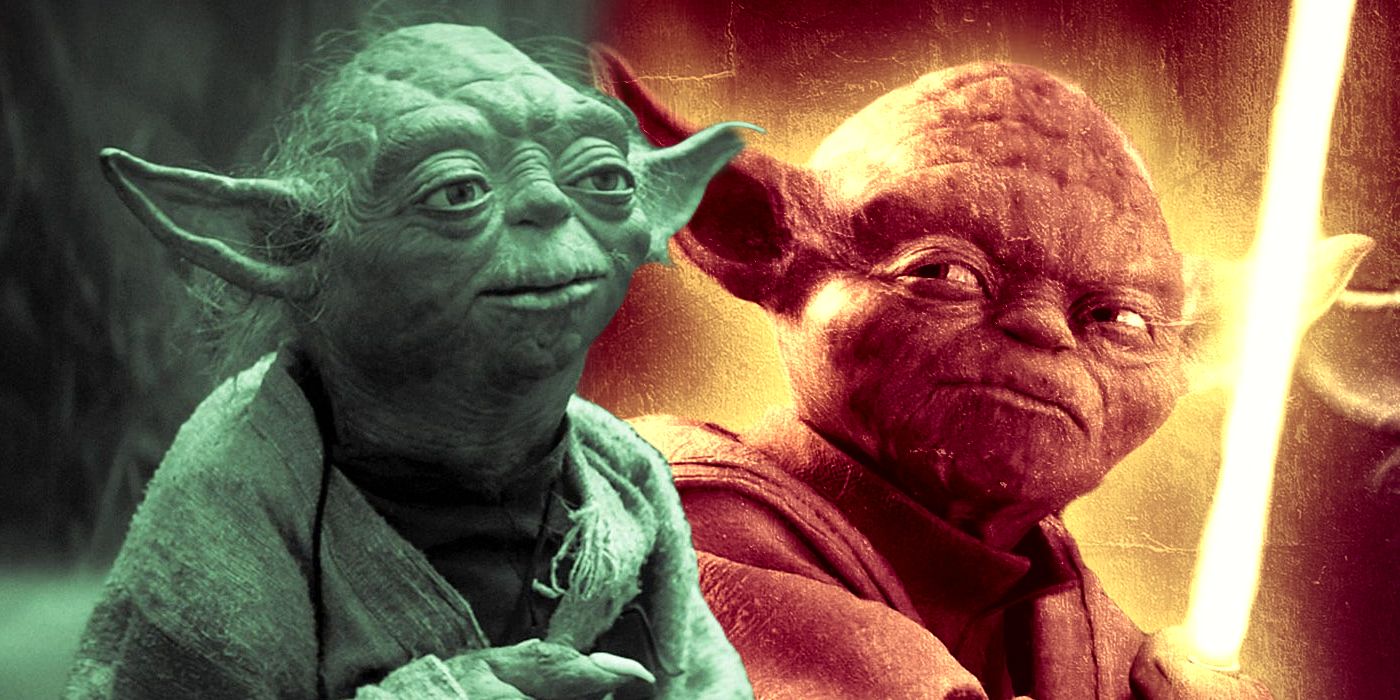 Dividido: Yoda en Dagobah;  Yoda teñido de rojo como Sith