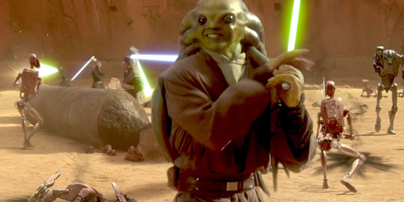 Kit Fisto blandiendo su daga láser verde durante la Batalla de Geonosis en Star Wars: Episodio II: El ataque de los clones.