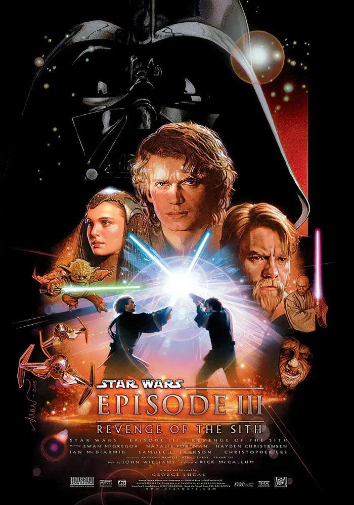 Póster de la película Star Wars Episodio III La Venganza de los Sith con Darth Vader de fondo