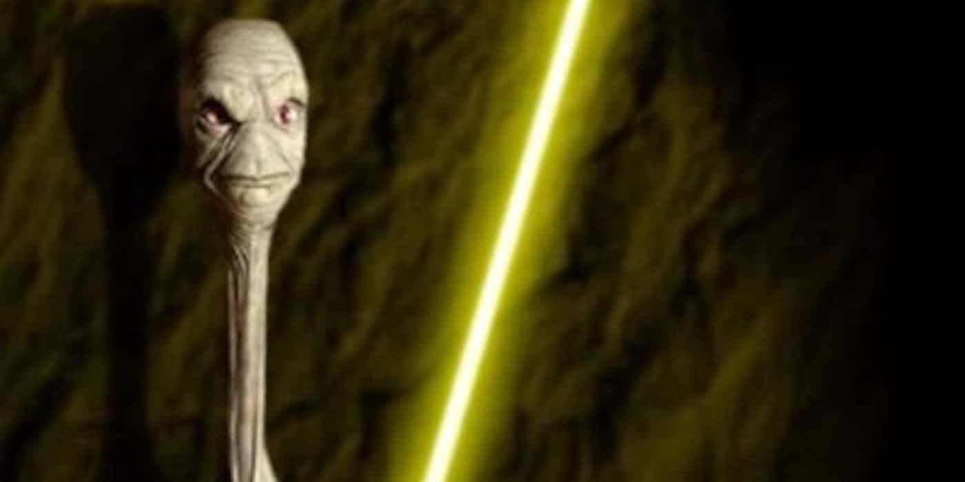 El Maestro Jedi Yarael Poof con un sable de luz amarillo en Star Wars.