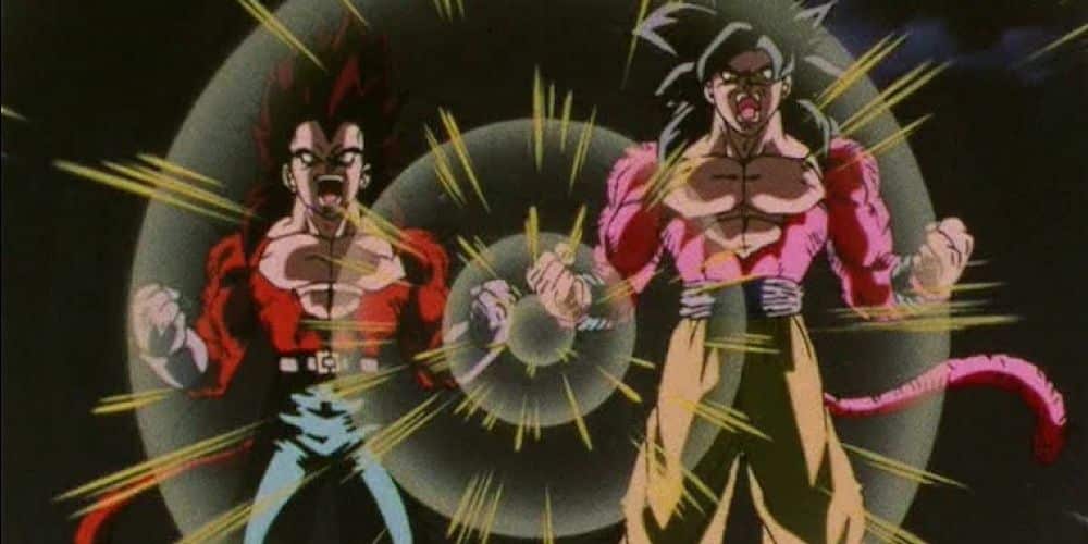 Super Saiyan 4 Goku y Vegeta gritan mientras se encienden en Dragon Ball GT.