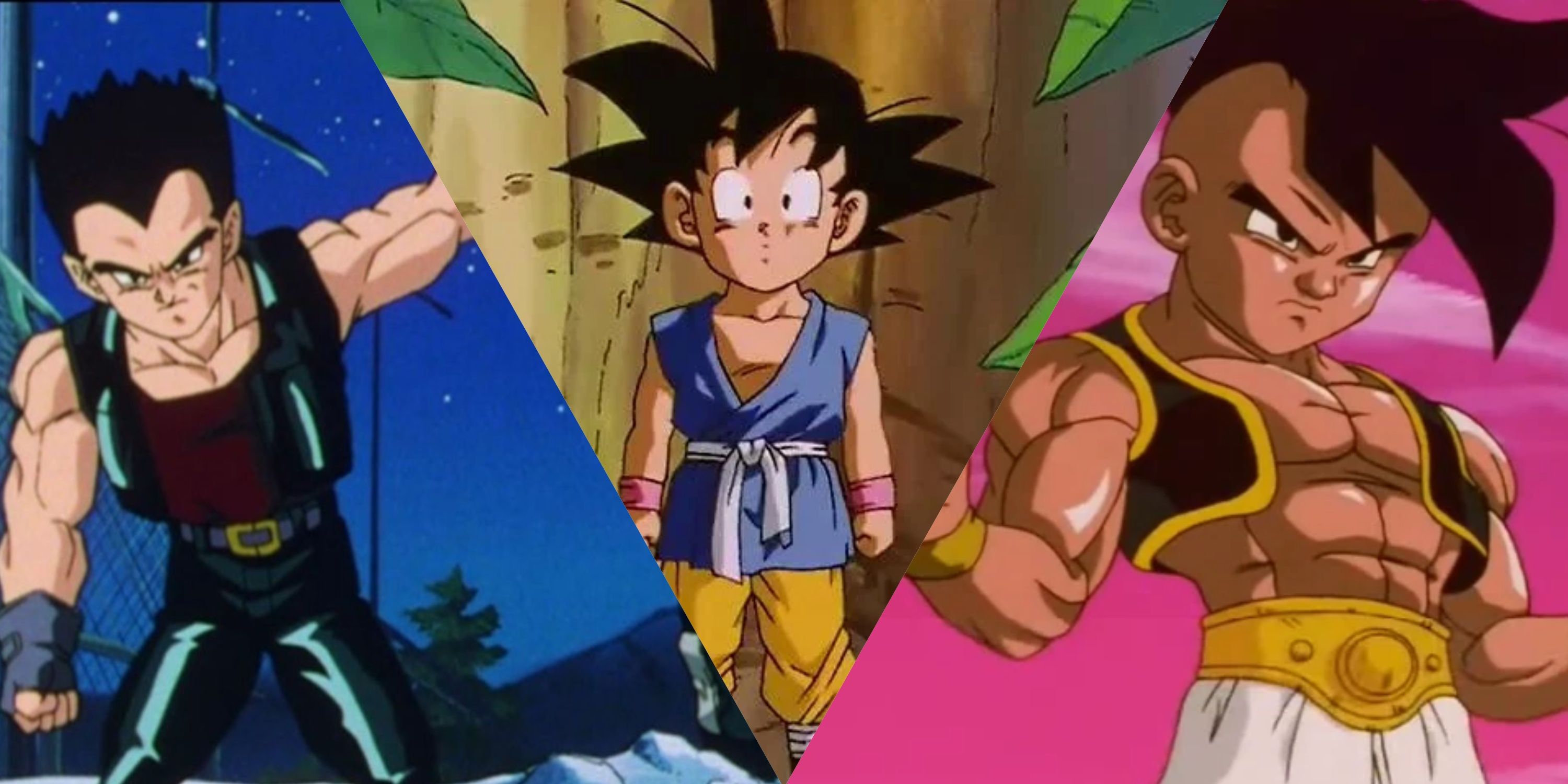 Imagen dividida de Vegeta, Goku y Majuub