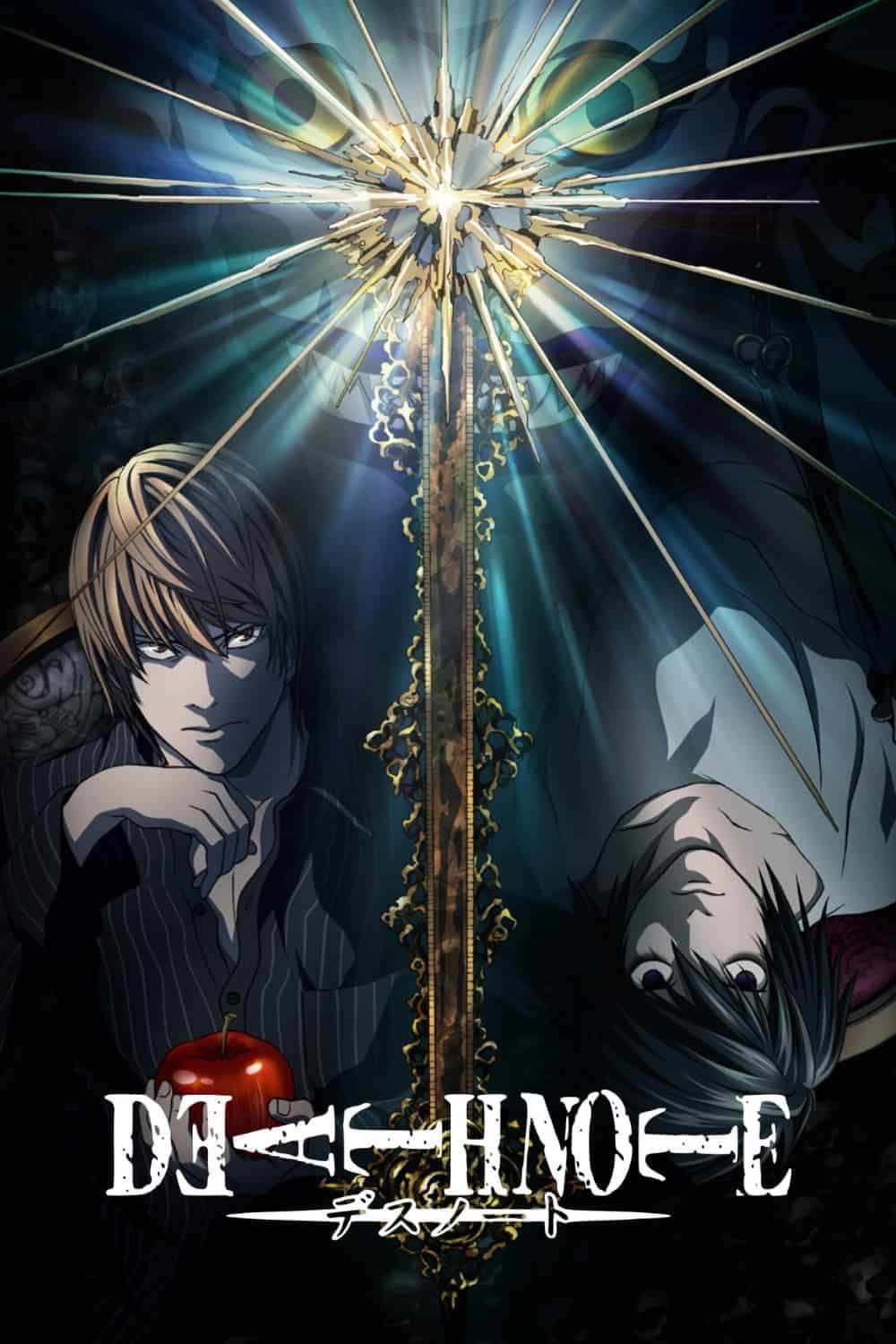 Light Yagami, L y Ryuk posando en el póster del anime Death Note 