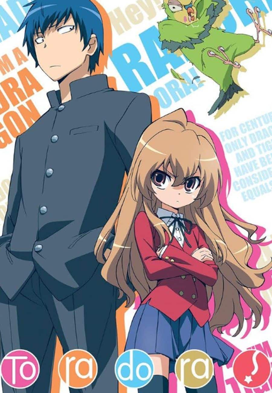 ¡Ryuji y Taiga, enemigos convertidos en amantes, espalda con espalda en Toradora!  Ilustración de portada de anime 