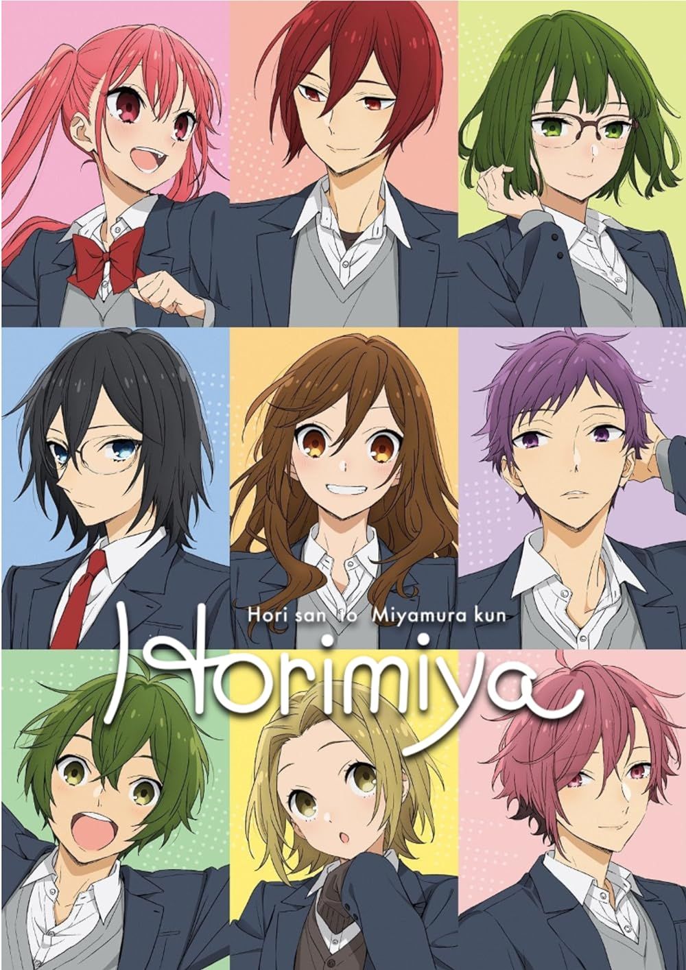 Todos los personajes en sus propias cajas coloridas sonriendo y posando en el póster del anime Horimiya.
