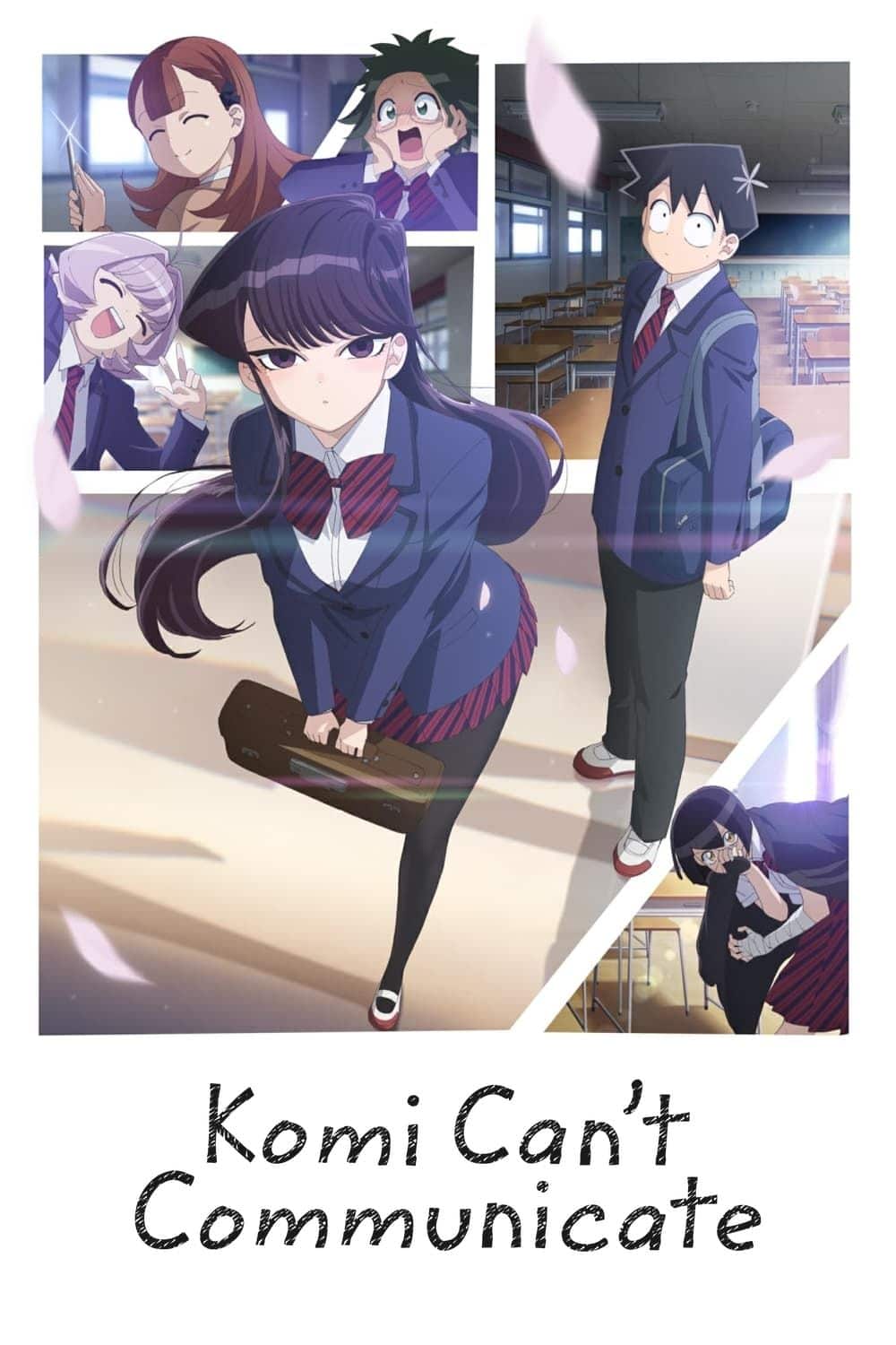 Komi sonriendo frente a paneles que muestran a sus amigos de la escuela en la portada del póster del anime Komi Can't Communicate.