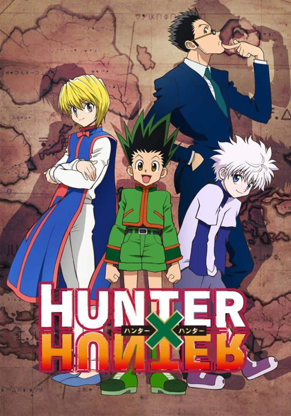 Gon, Killua, Kurapika y Leorio posan en el cartel de la serie de televisión Hunter x Hunter