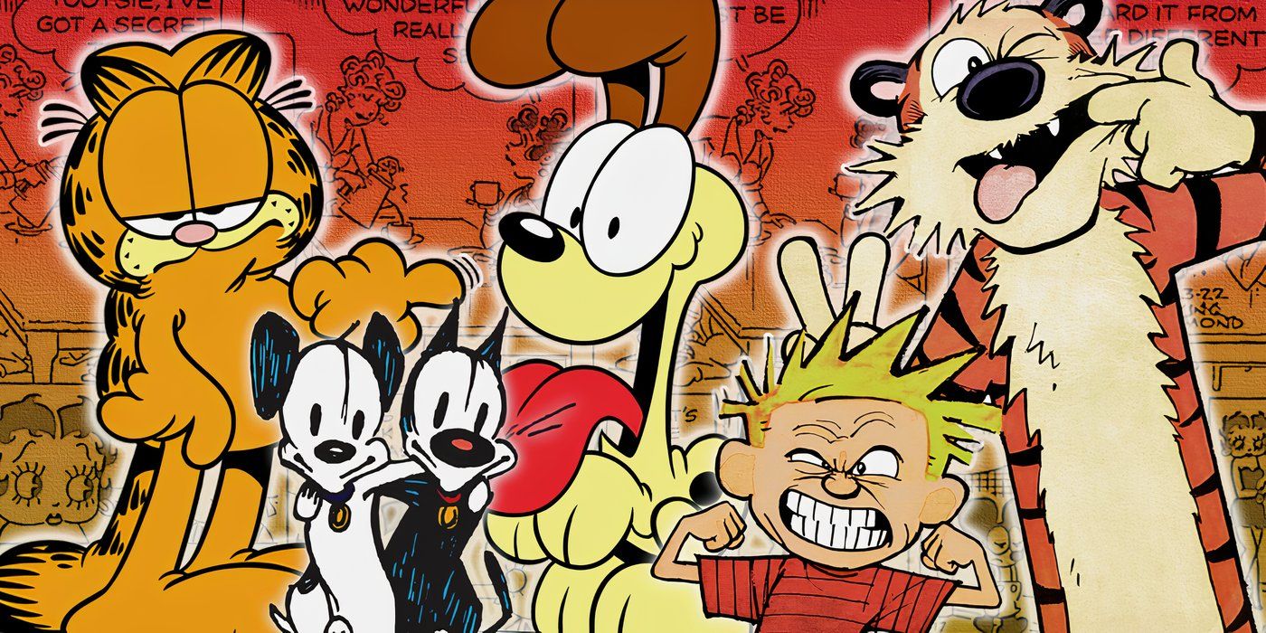 Imagen dividida de Garfield y Odie, Calvin y Hobbes y Earl y Mooch de Mutts de los cómics