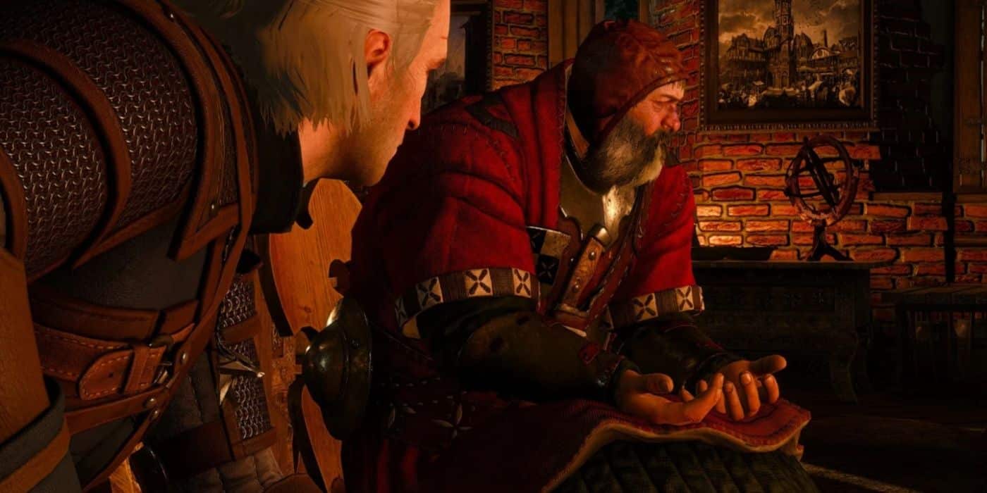 Geralt de Rivia hablando con el Barón Sangriento en The Witcher 3: Wild Hunt.