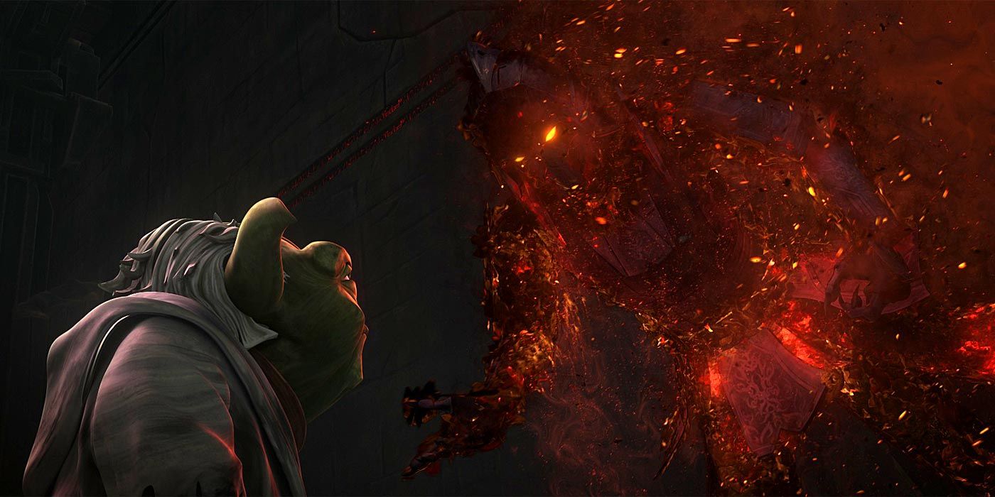 Yoda se encuentra con Darth Bane en el planeta Sith de Korriban en Star Wars: The Clone Wars.