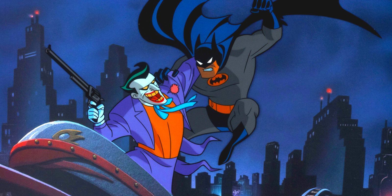 Batman y el Joker pelean en una montaña rusa en Mask of the Phantasm