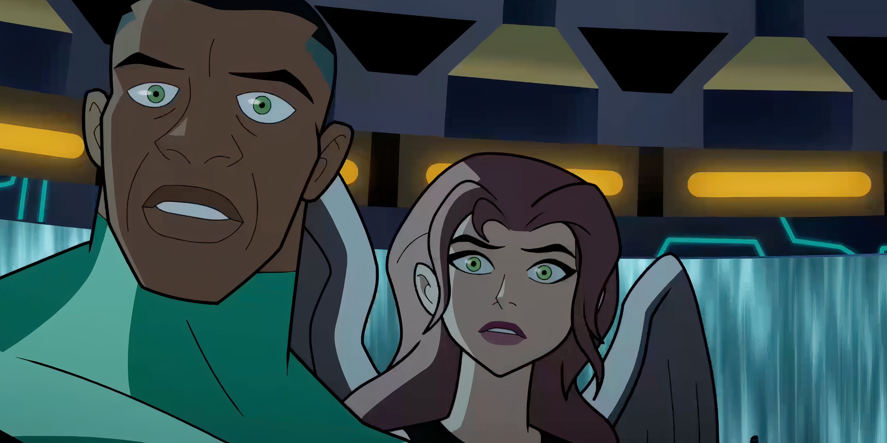 Green Lantern (John Stewart) y Hawkgirl parecen asustados en Crisis en Tierras Infinitas Parte 3