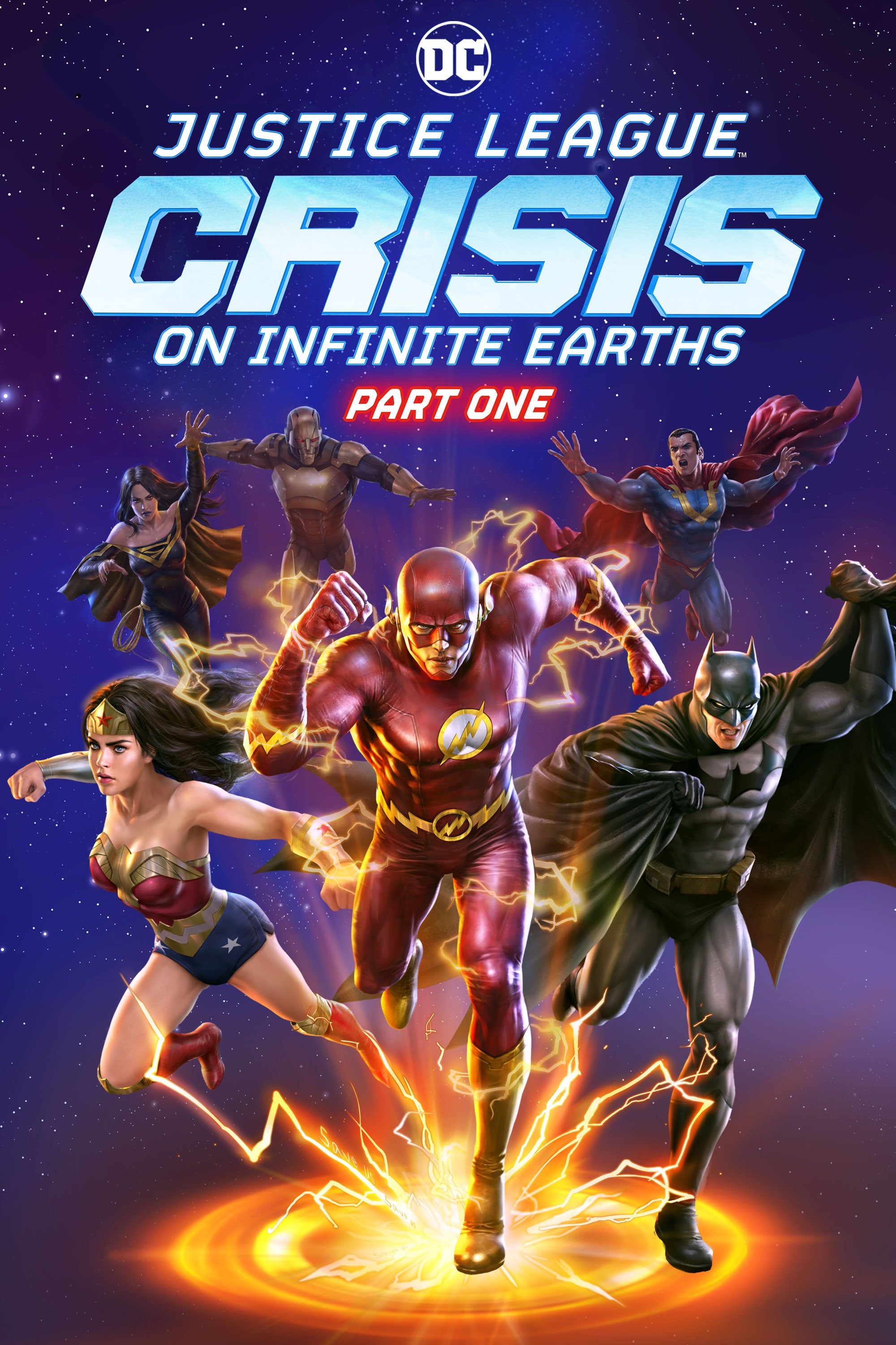 Wonder Woman, Flash, Batman, Superman, Supergirl/Harbinger y Amazo en el cartel de Liga de la Justicia - Crisis en Tierras Infinitas Primera Parte