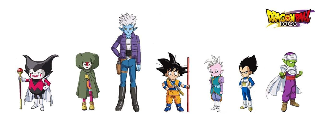 Imágenes de los personajes de Dragon Ball Daima con Gomah, Masked Majin, Glorio, Goku (Mini), Supreme Kai (Mini), Vegeta (Mini), Piccolo (Mini)