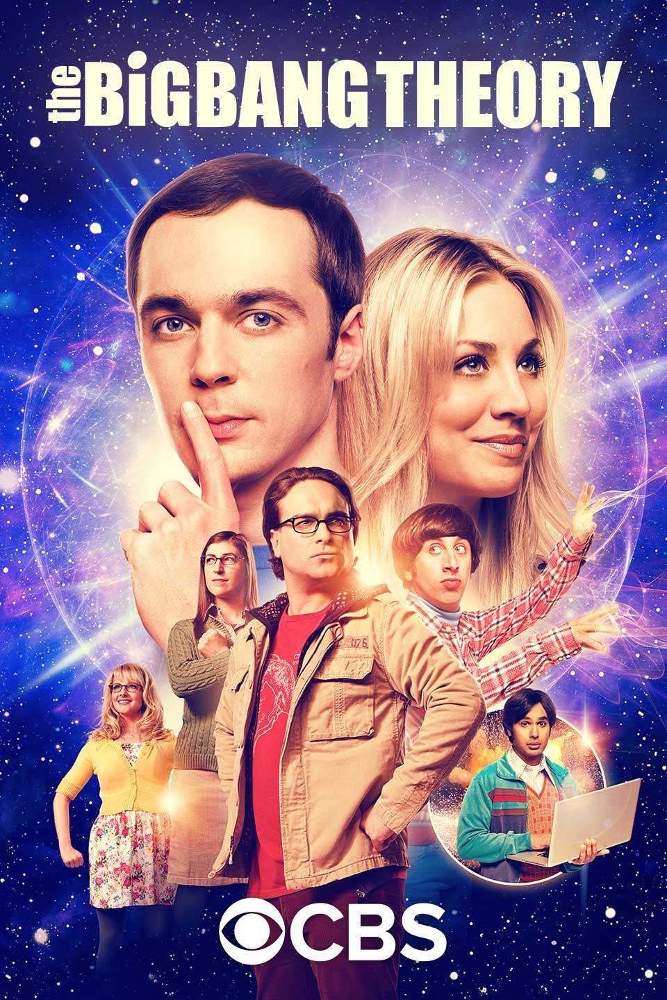 Póster de The Big Bang Theory con Penny y Sheldon en el centro y el resto del reparto en varias poses.
